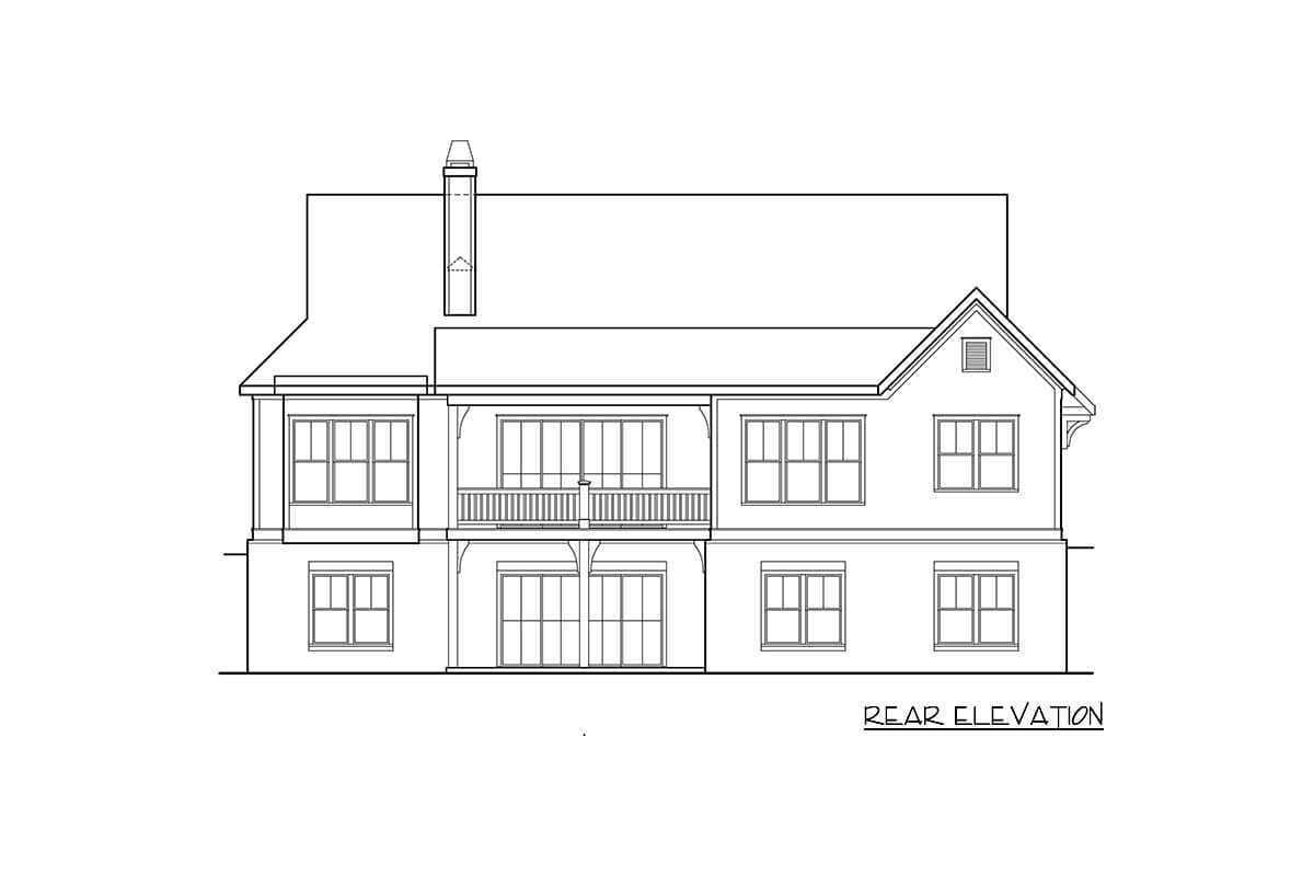 Rear elevation drawing of a two-story house plan, featuring a covered balcony, multiple windows, and a prominent chimney.