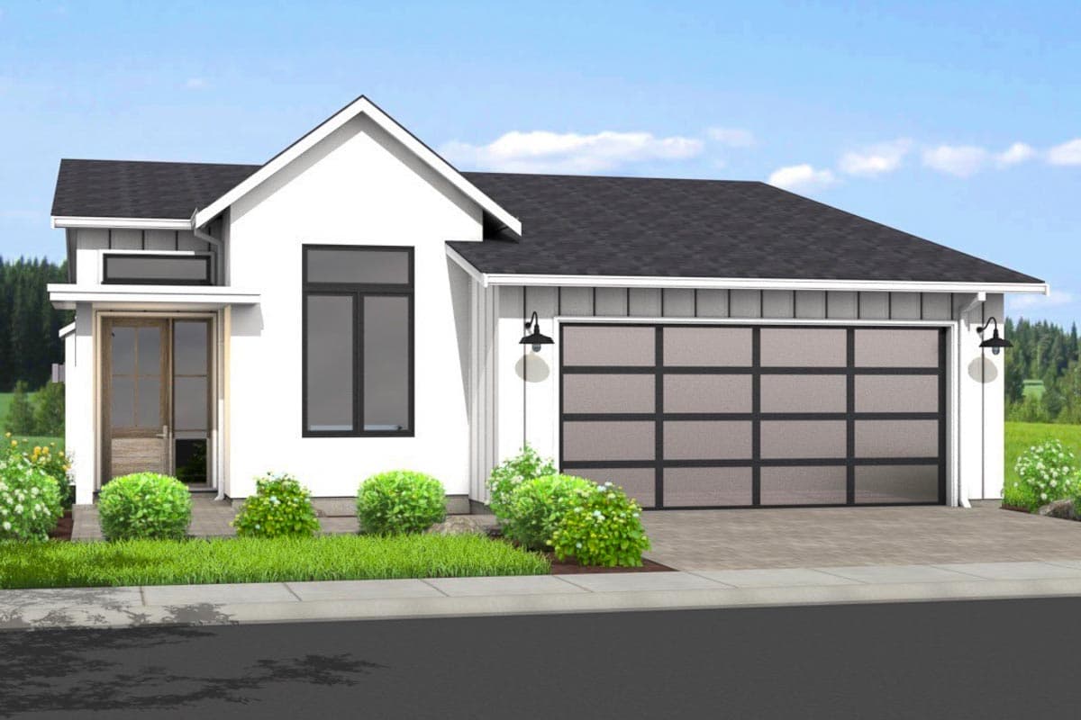 Modern farmhouse house plan exterior. Features include a gabled roof, large window, covered entry, and attached garage. Exterior siding is white.