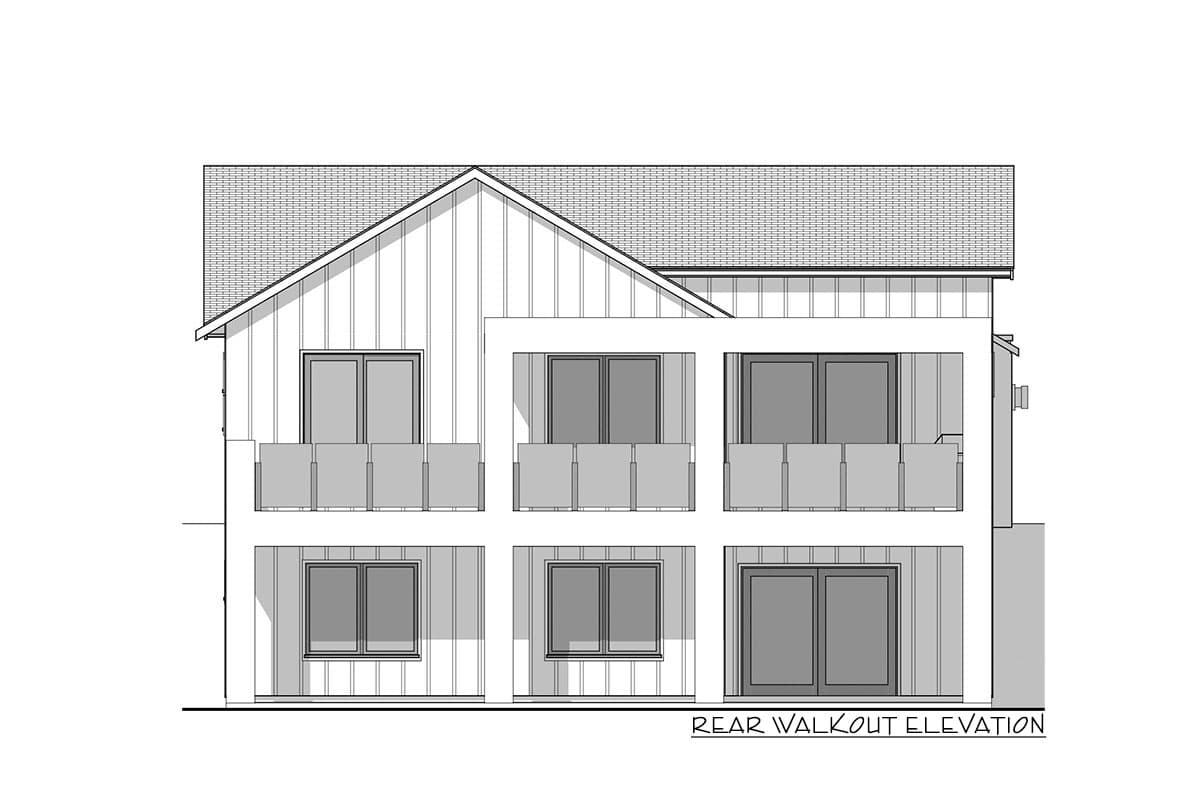 Rear walkout elevation drawing of a two-story house with vertical siding, multiple windows, and balconies.