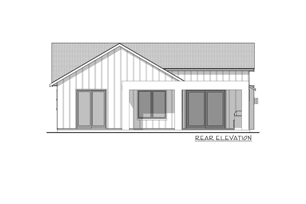 Rear elevation house plan with vertical siding, gabled roof, sliding doors, and covered patio.