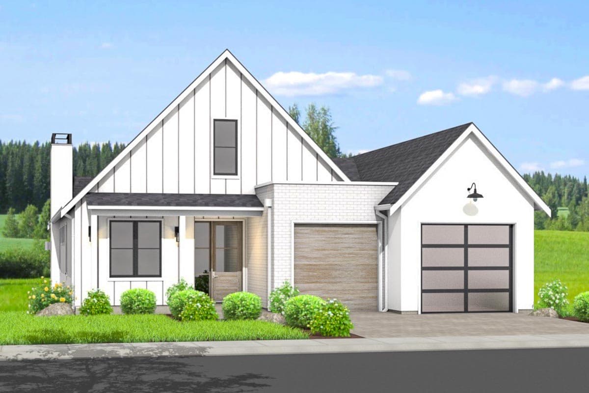 House plan exterior. Modern Farmhouse style with a gable roof, board-and-batten siding, and a two-car garage. Features a porch and dormer.