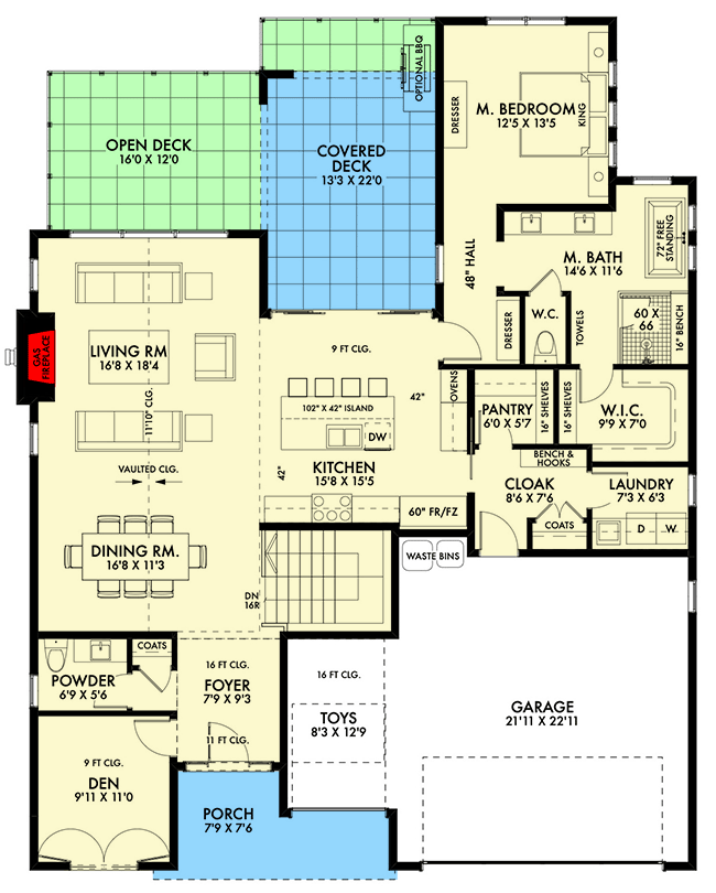 Plan 67783NWL: New American House Plan with Central Kitchen and Open Concept Living Area - Floor Plan - Main Level - Contemporary, New American, Ranch