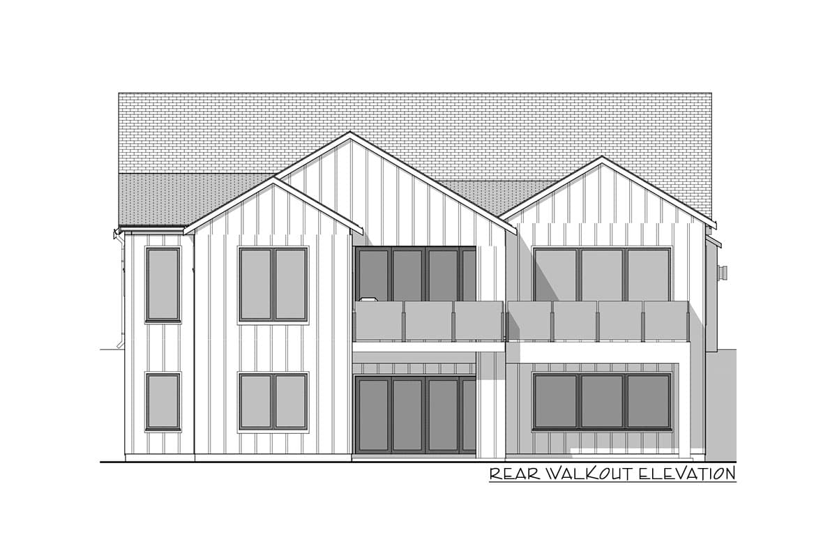Rear elevation drawing of a two-story house plan with board-and-batten siding, gables, and multiple balconies.