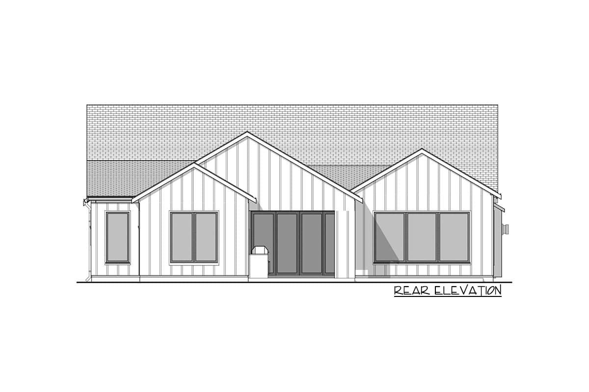 Rear elevation of a one-story house plan featuring board and batten siding, gable roofs, and large windows.