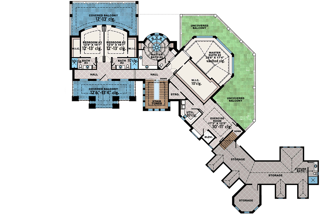 Plan 66388JMD: Luxury New American House Plan with Two Master Suites and an Elevator - Floor Plan - 2nd Floor - Coastal, Contemporary, Florida-Style, Mediterranean, New American, Shingle, Southern, Transitional, Vacation