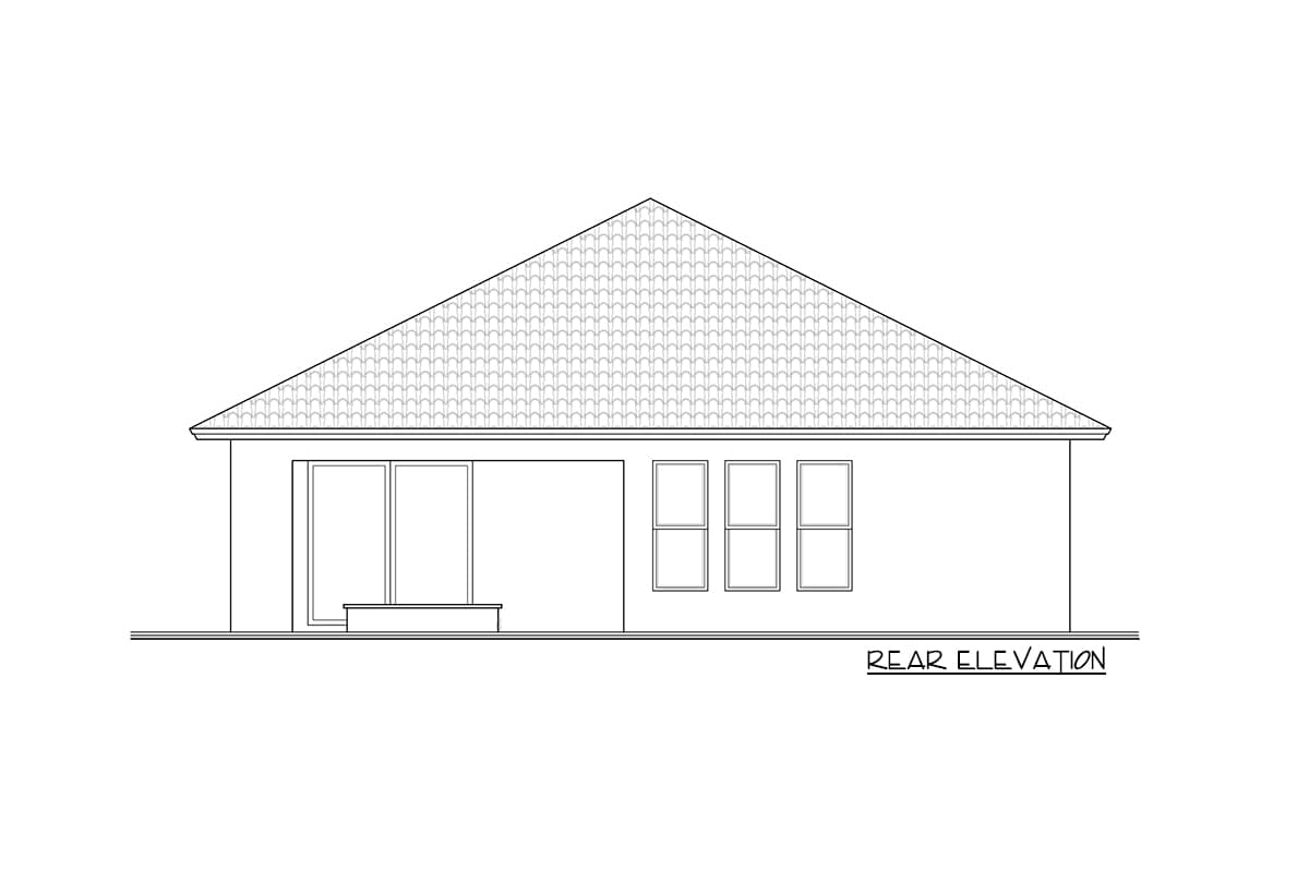 Rear elevation house plan with a gable roof, two sliding glass doors, and three small windows.
