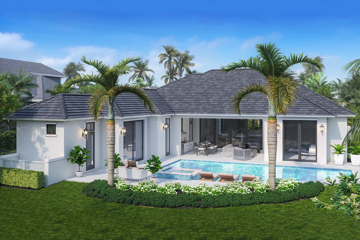 Modern one-story house plan exterior with dark tile roof, white stucco, covered patio, pool, and tropical landscaping.
