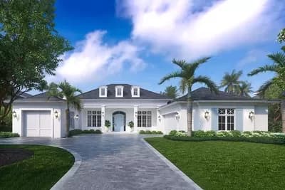 One-Level Coastal House Plan with Split Garage Layout