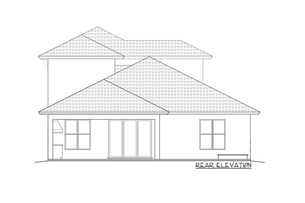 Rear elevation house plan showing multi-story building with hip roofs, large sliding glass doors, and multi-pane windows.