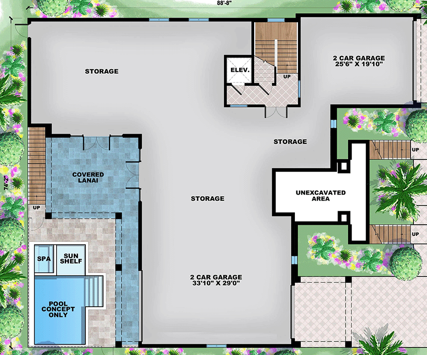 Plan 66392JMD: Low Country House Plan with Ground Level 4-Car Garage - Floor Plan - Ground Level - Beach, Coastal, Contemporary, Florida-Style, Low Country, Mediterranean, Southern