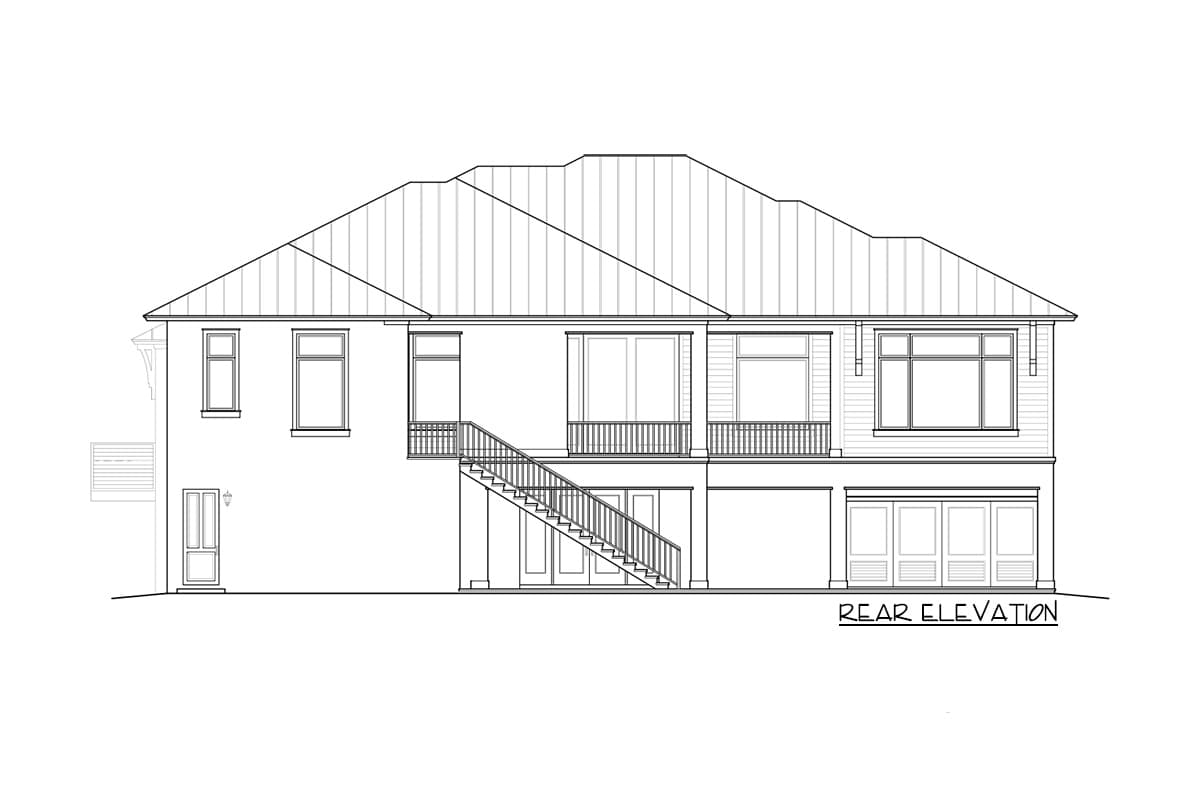 Rear elevation of a two-story house plan with multiple gables, a covered balcony, and a detached garage.