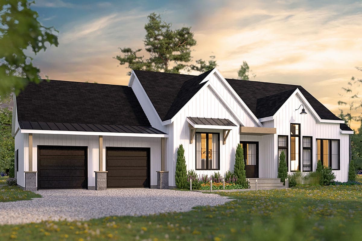 Modern Farmhouse style house plan exterior with a 2-car garage, white board and batten siding, and prominent gables.