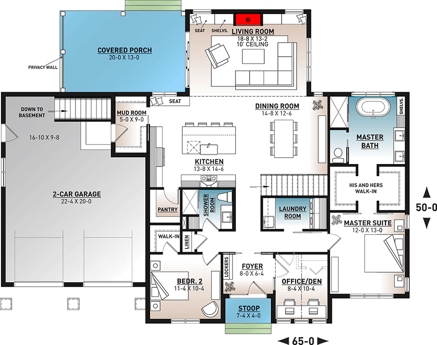 Plan 22583DR: Modern Farmhouse Plan with Private Covered Porch - 1788 Sq Ft - Floor Plan - Main Level - Modern Farmhouse, New American, Northwest, Ranch