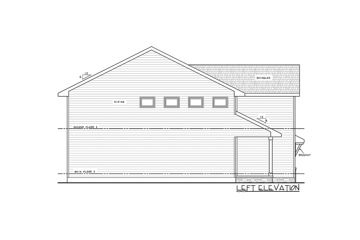 Left elevation drawing of a two-story house with siding, a gabled roof, and a covered porch.