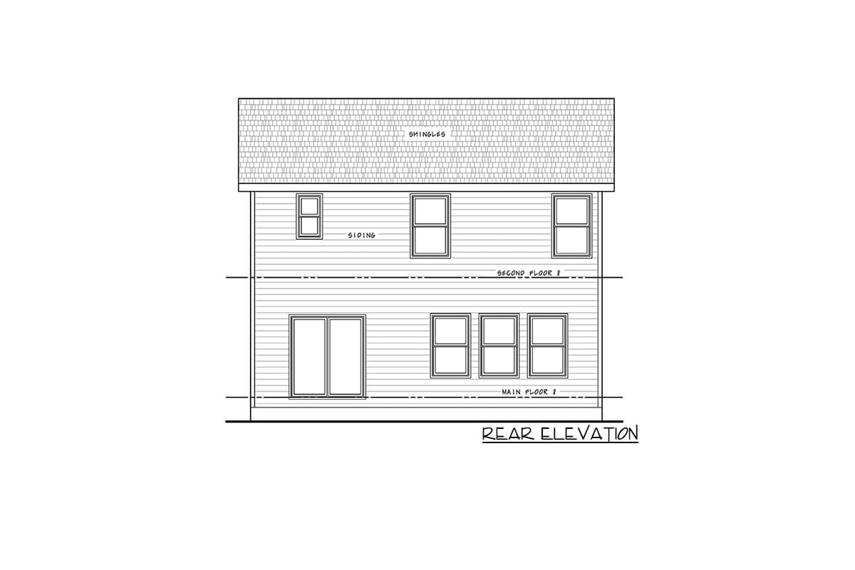 Rear elevation drawing of a two-story house with siding, showing windows and roof shingles.