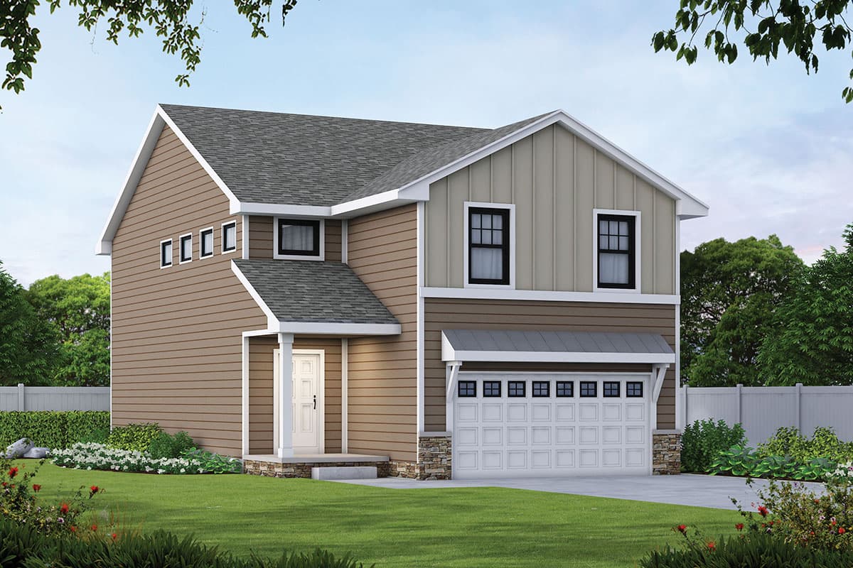 House plan exterior: Two-story, modern design with a front-facing garage, covered entry porch, and horizontal siding.