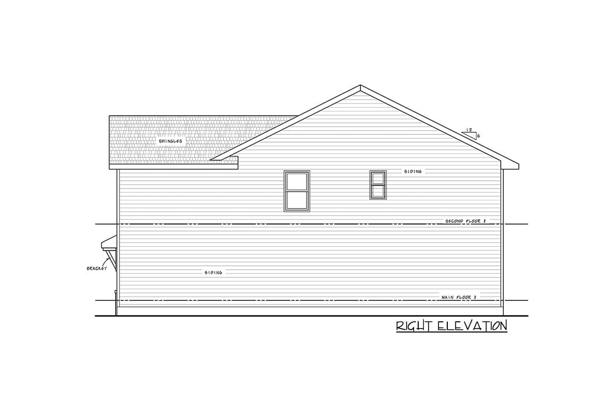 Right elevation drawing of a house plan showing siding, shingles, a bracketed overhang, and two windows on the second floor.