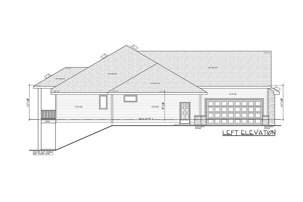 Left elevation house plan with siding, deck, and multi-panel garage door. Varying roof pitches.