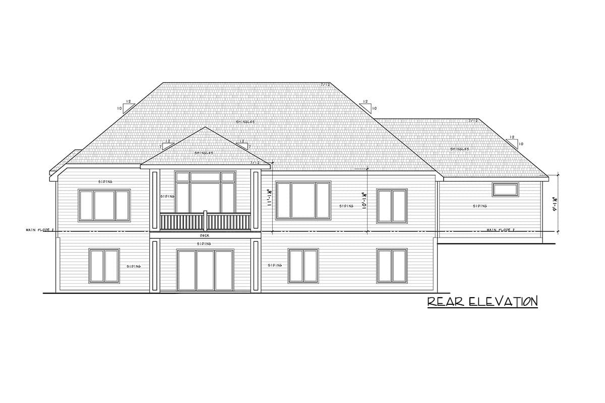 Rear elevation house plan drawing showing a two-story structure with multiple gables, a deck, and numerous windows.