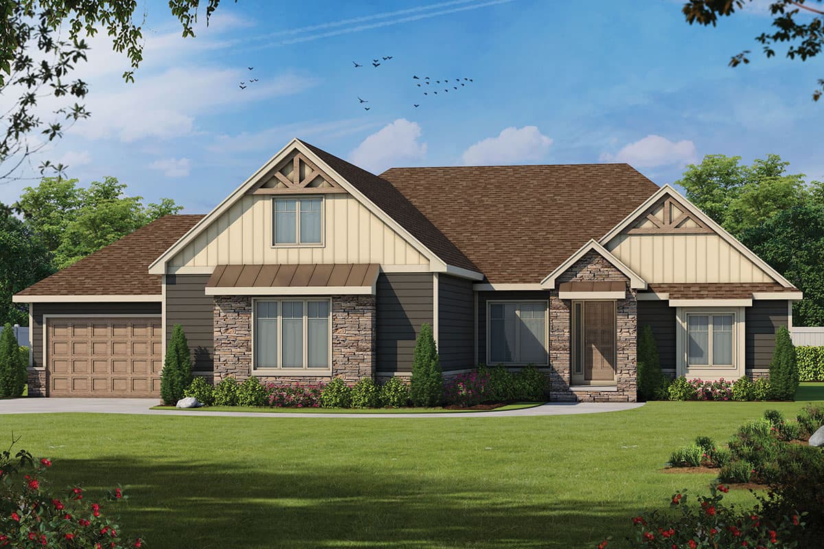 House plan exterior featuring a Craftsman style. The one-story home has gabled rooflines, stone accents, and a front-facing garage.