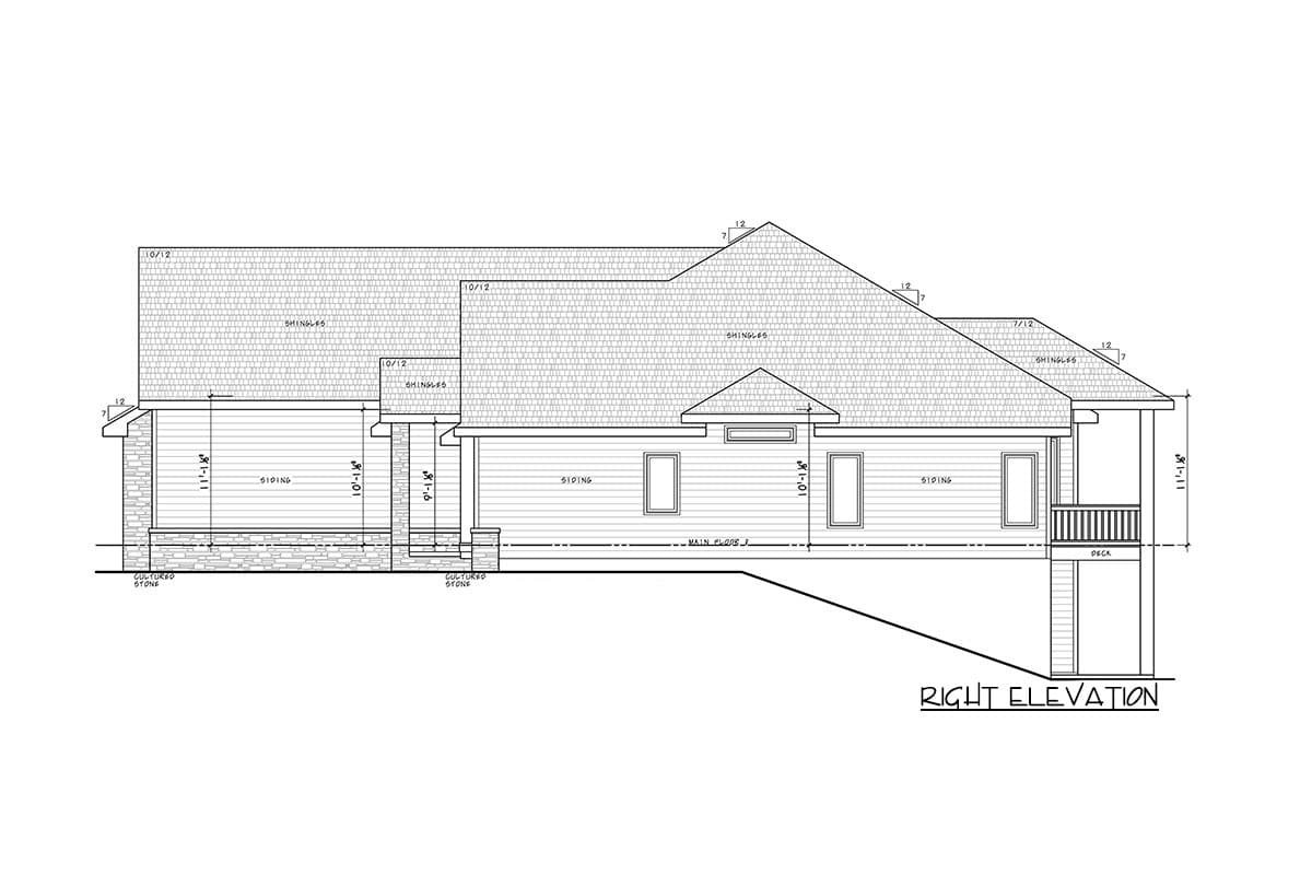 Right elevation house plan. Features cultured stone base, siding, varied roof pitches, and a deck.
