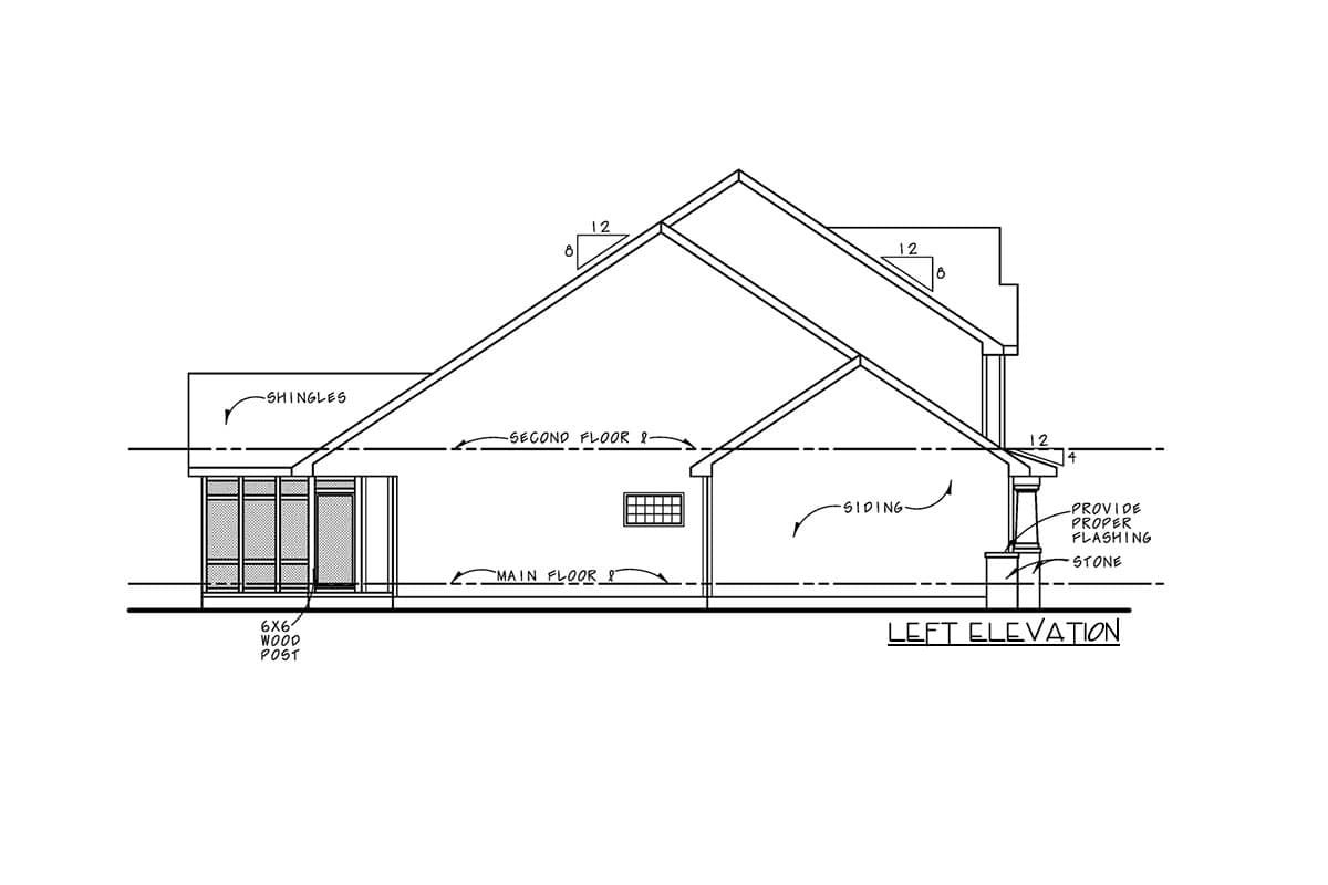 Left elevation house plan drawing showing rooflines, siding, stone base, and a multi-pane window.