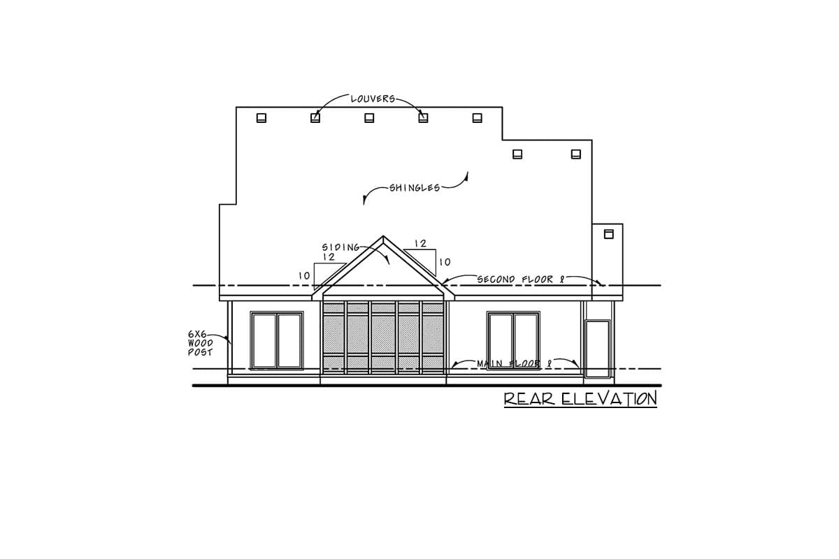 Rear elevation drawing showing a two-story house with a gable roof, multiple windows, and wood posts.