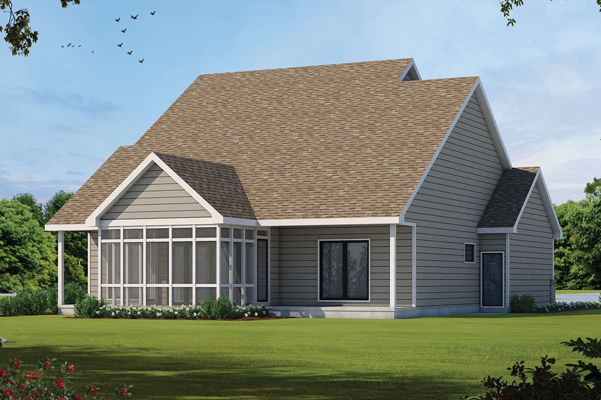 House plan exterior shows a one-story home with a prominent screened-in porch, gable rooflines, and vinyl siding.
