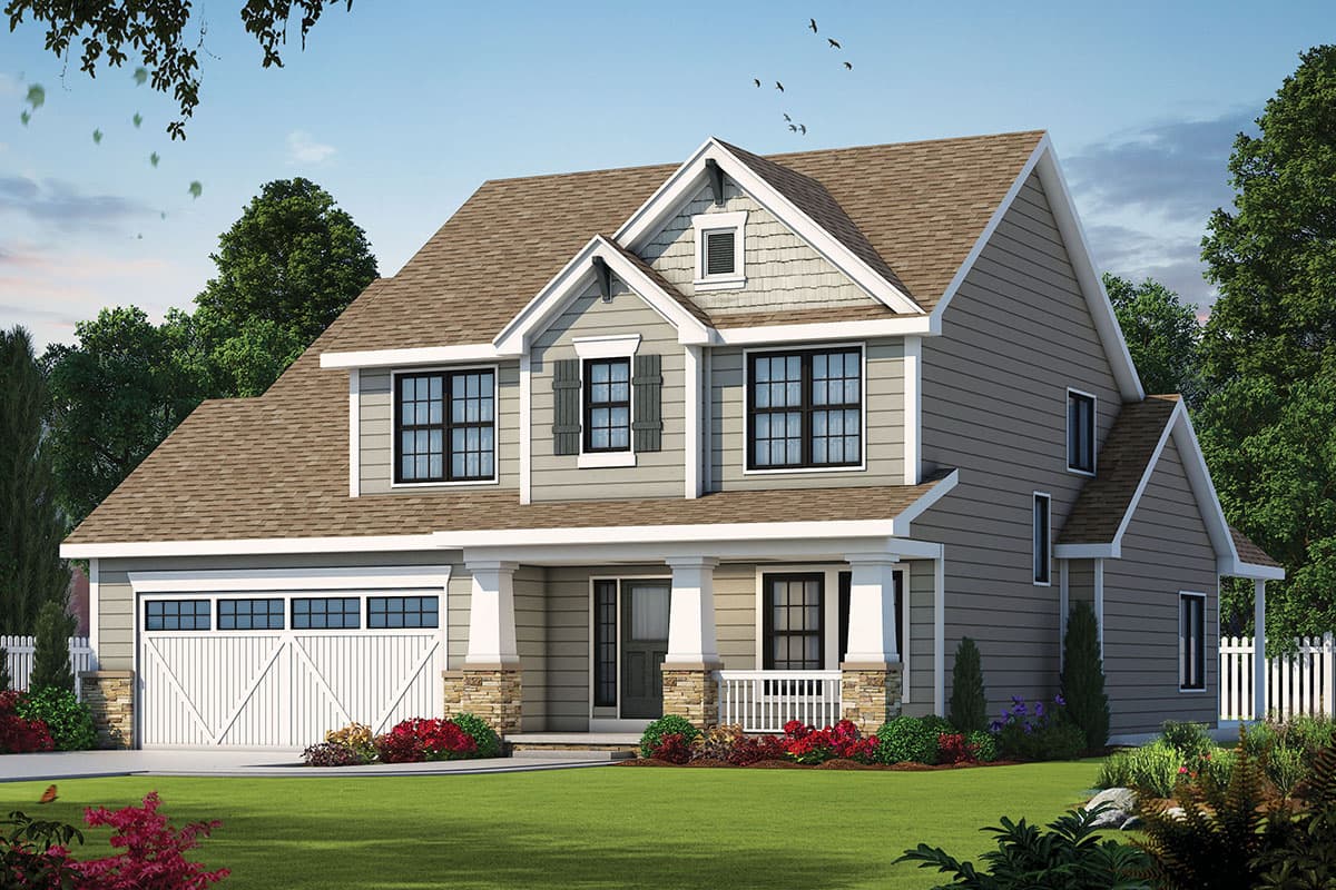 House plan exterior featuring a two-story Craftsman style. Notable features: front porch with columns, gabled roof, and a garage with overhead door.