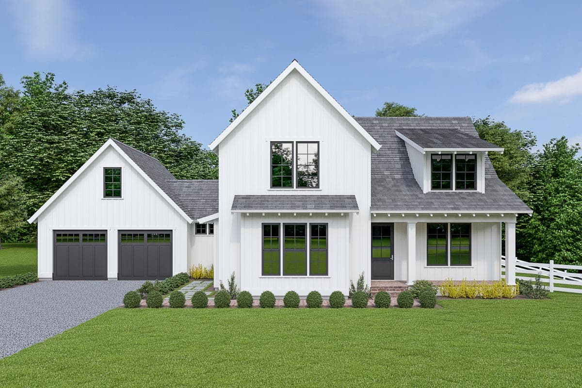 House plan exterior. Modern Farmhouse style with two stories, gabled roof, dormers, and a detached two-car garage. Porch with columns.