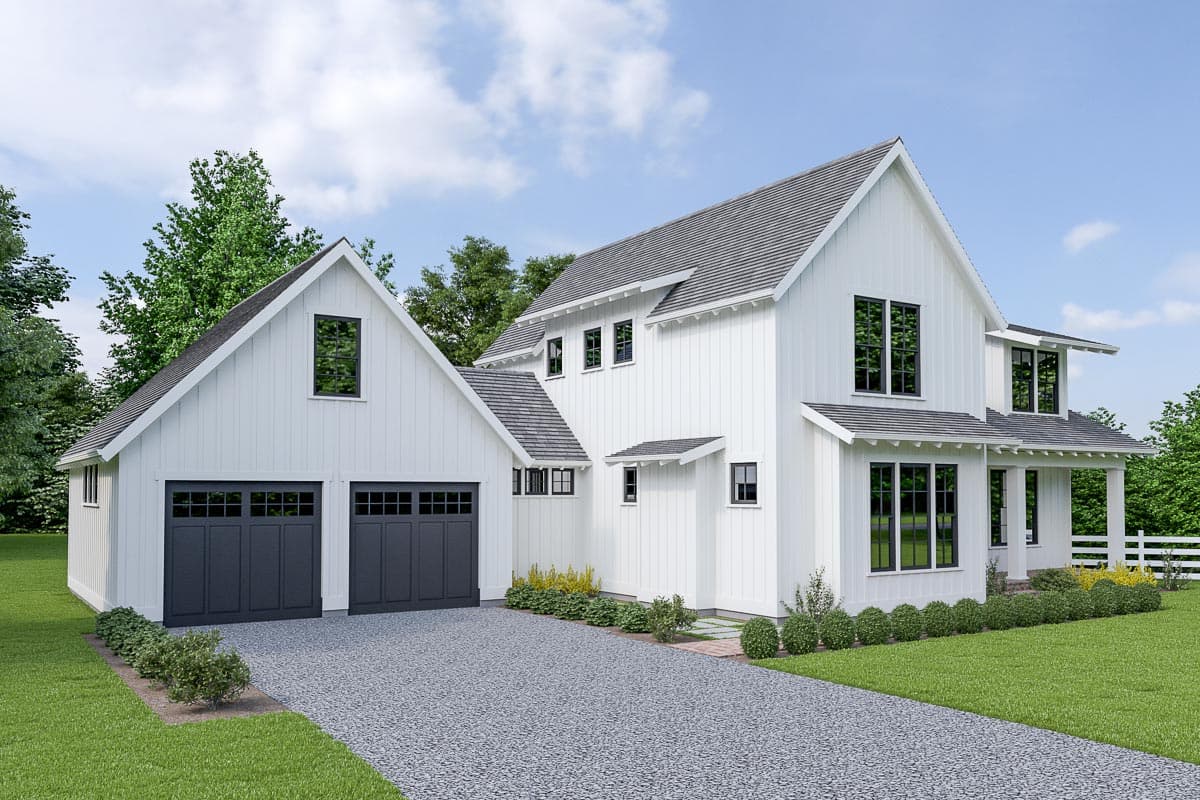 Modern Farmhouse house plan exterior with a white vertical board-and-batten siding, gable roof, and a two-car garage.
