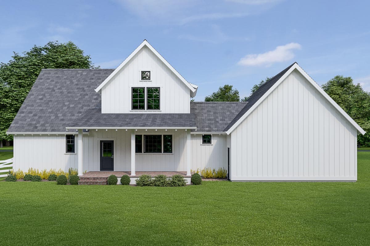 Modern Farmhouse style house plan exterior with board-and-batten siding, prominent gables, a covered front porch, and asphalt shingle roof.