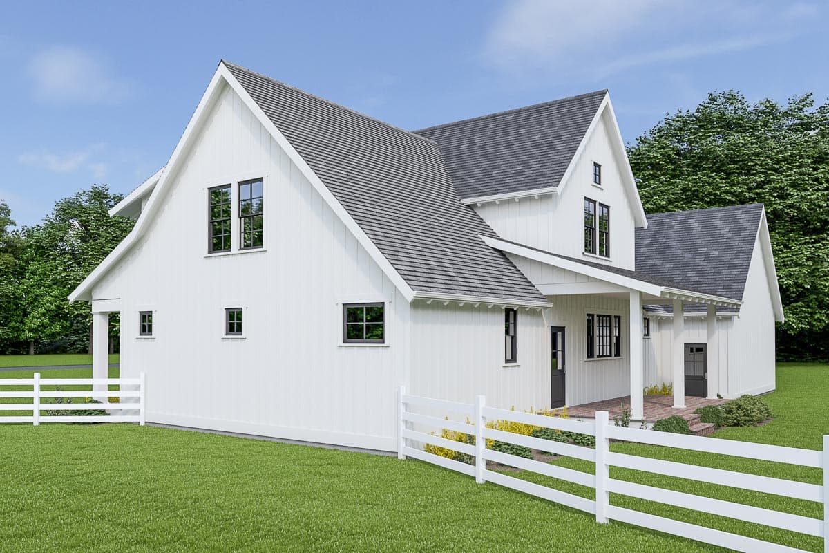 House plan exterior: Modern Farmhouse style, two stories, board and batten siding, gables, and a covered porch.