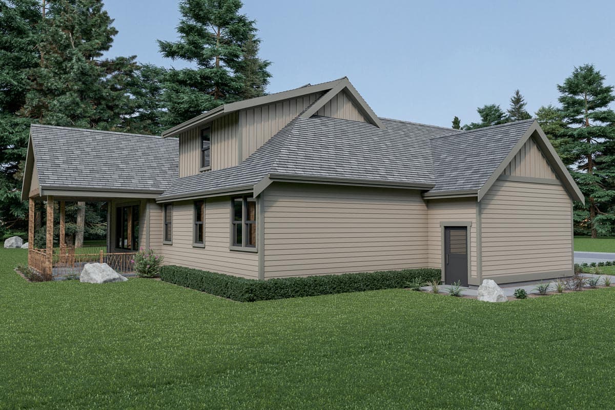 House plan exterior: Two-story Modern Farmhouse with gabled dormer, covered porch with wood supports, and horizontal siding.