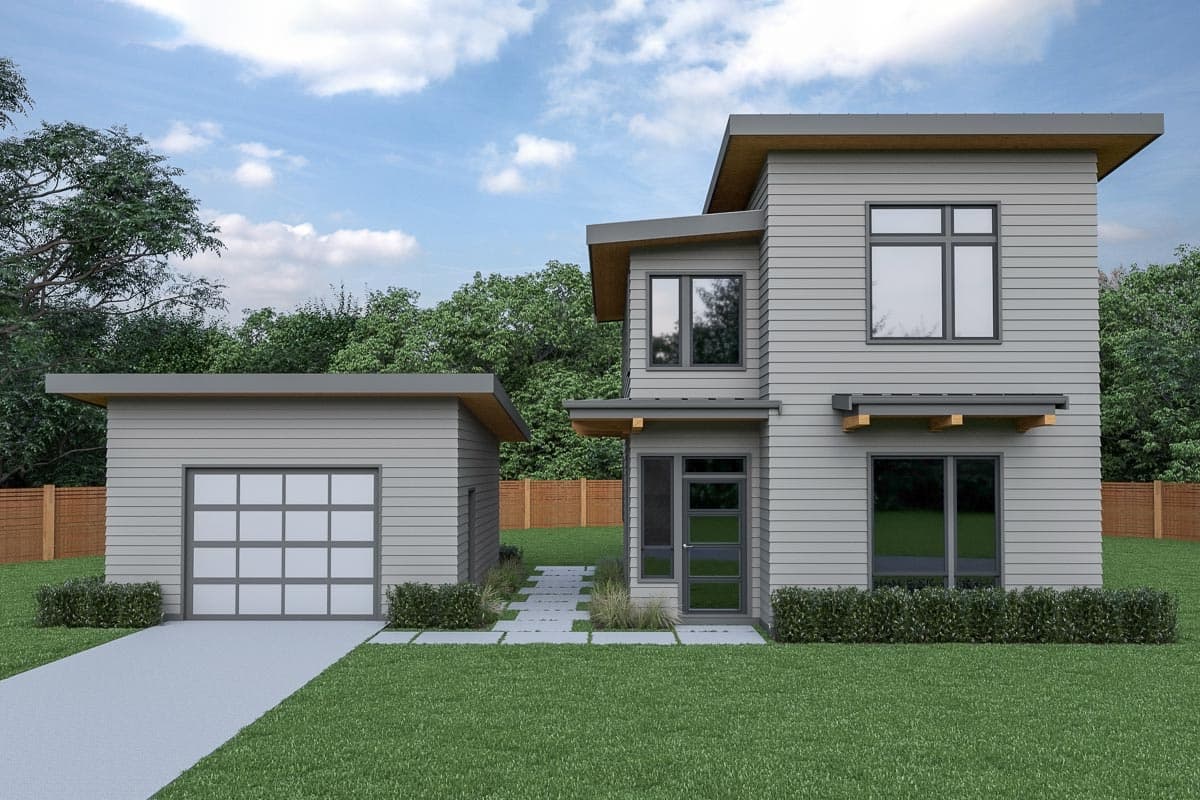 House plan exterior. Two-story modern home with flat roof, horizontal siding, and attached garage. Includes a covered entry and large windows.