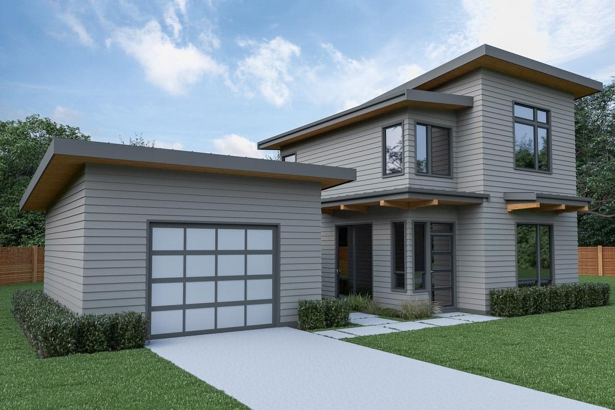 Modern two-story house plan with a detached garage, cantilevered rooflines, and horizontal siding.