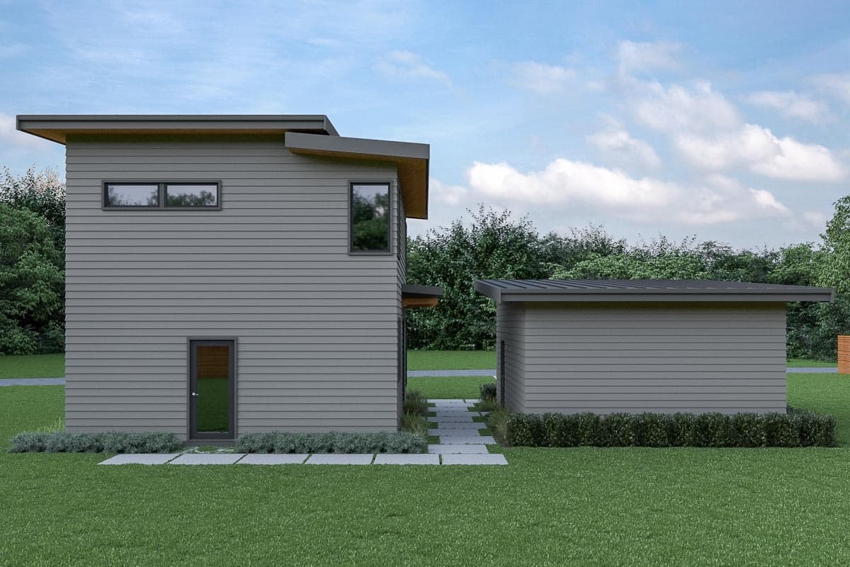 Modern house plan exterior, two stories, flat roof, horizontal siding, and a detached garage. Features a single door and narrow windows.