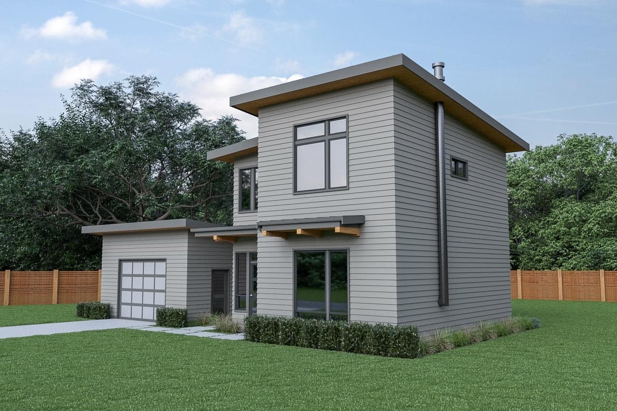 Modern two-story house plan exterior with flat roof, horizontal siding, attached garage, and prominent chimney stack.