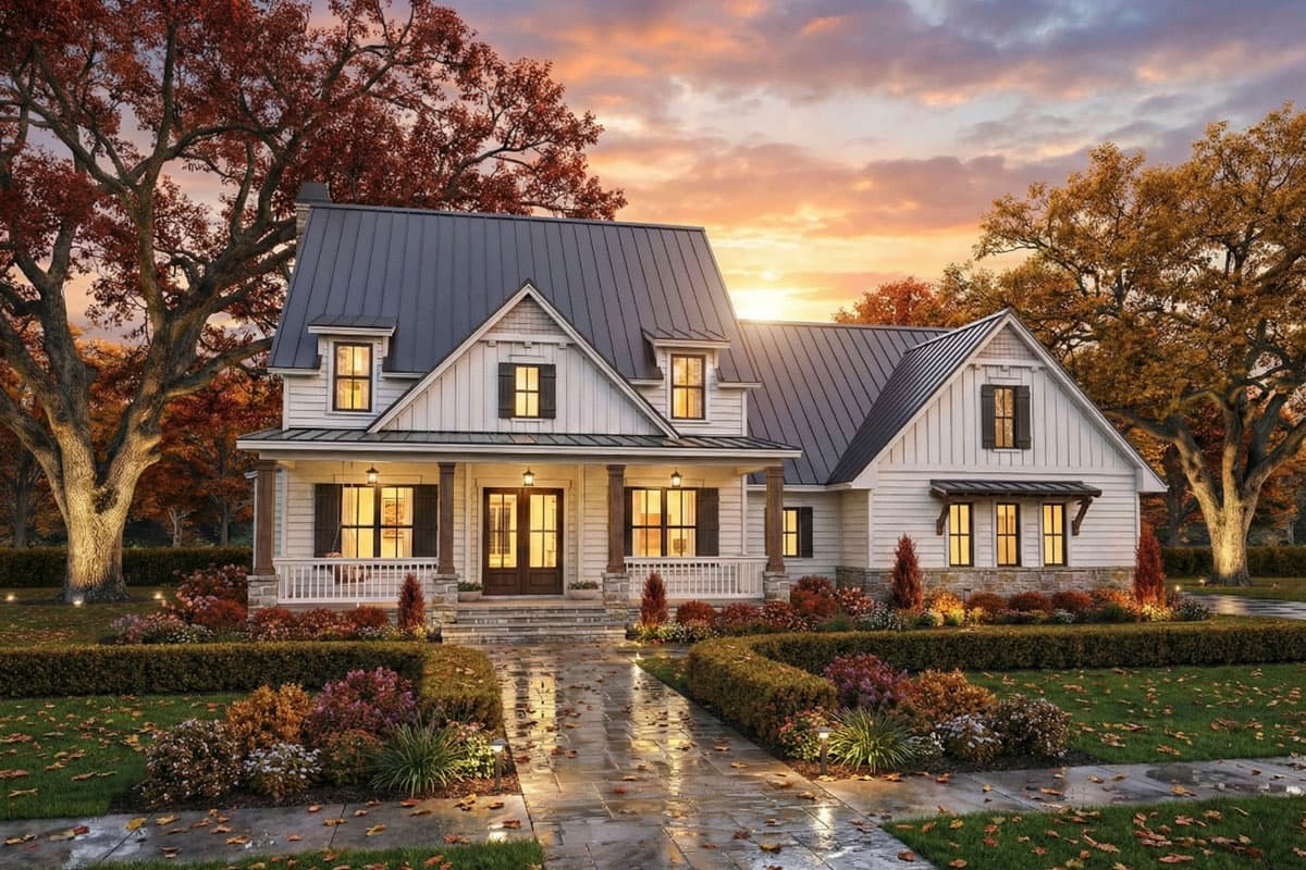 Modern Farmhouse house plan exterior with a metal roof, wide front porch with stone base, gables, and dormers.