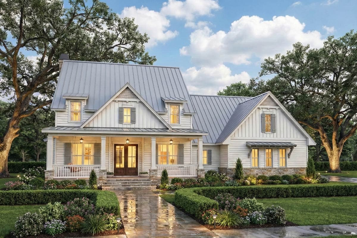 Modern Farmhouse house plan exterior. Two stories, metal roof, covered front porch with columns, gables, dormers, and stone foundation accents.