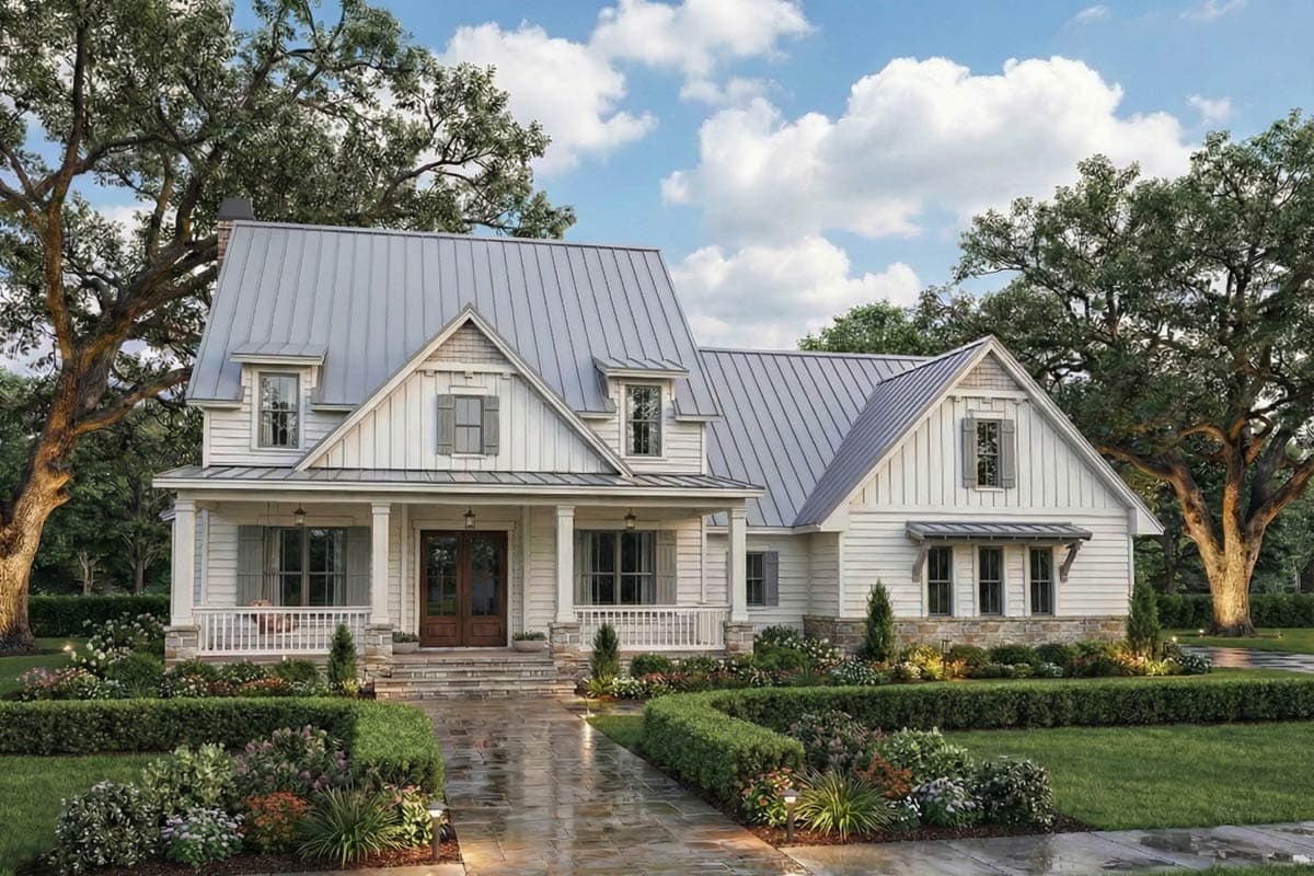 Modern farmhouse house plan exterior with metal roof, board and batten siding, full-width porch, and dormer windows.