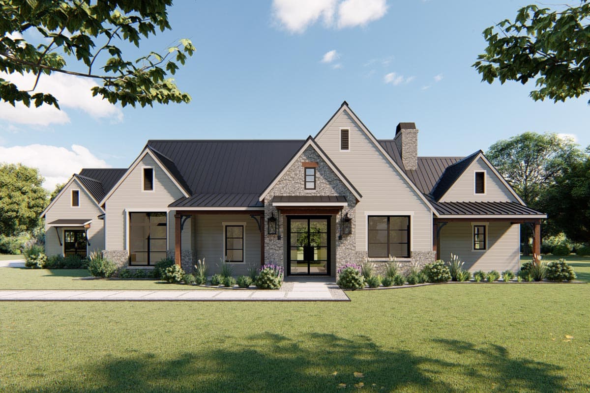 House plan exterior. Modern farmhouse style with gables, stone accents, and covered porch. Features include a metal roof and a prominent front entry.