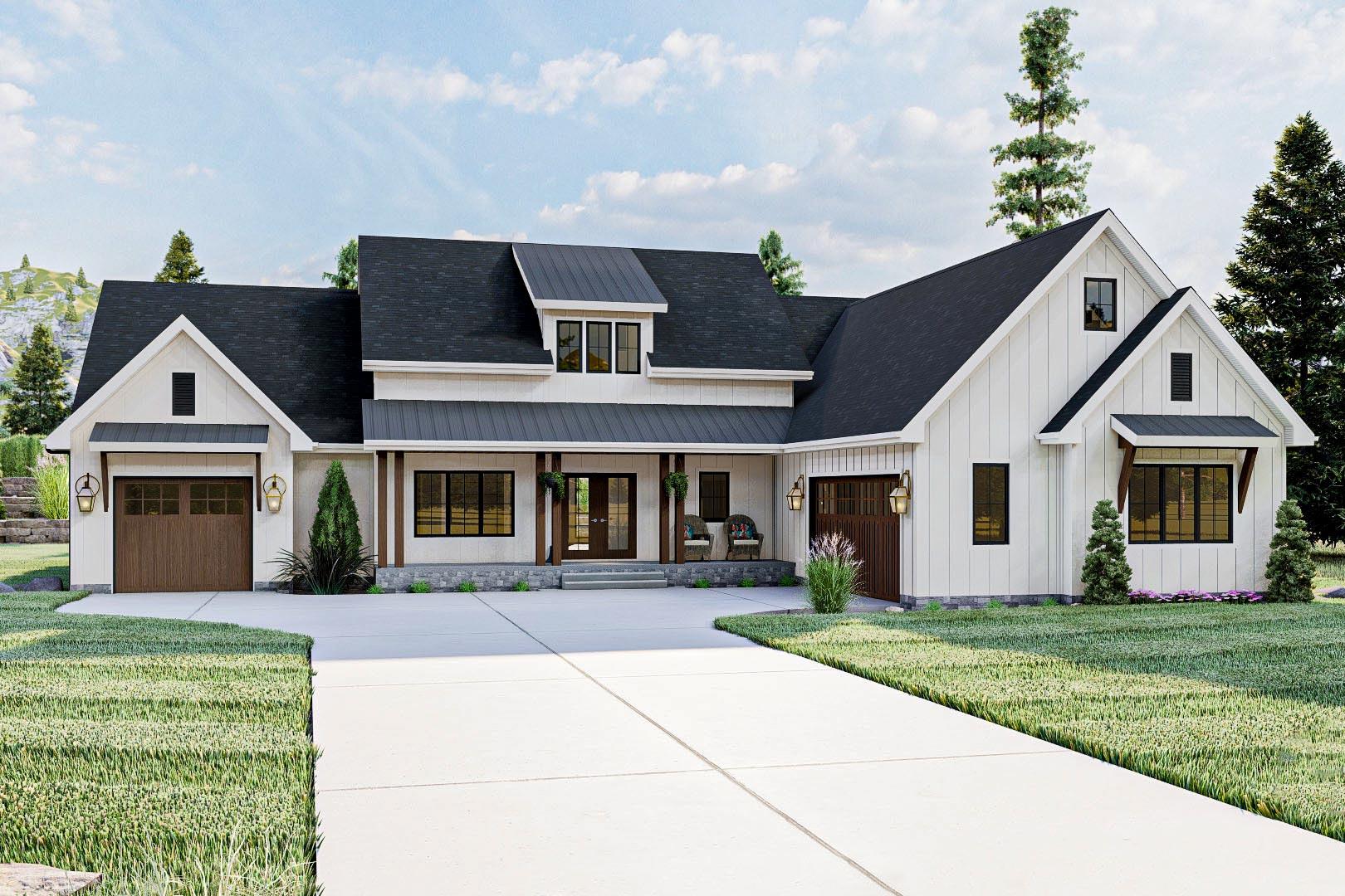 House plan exterior. Two-story Modern Farmhouse with gables, a covered porch, and a side-entry garage. Features a dark metal roof.