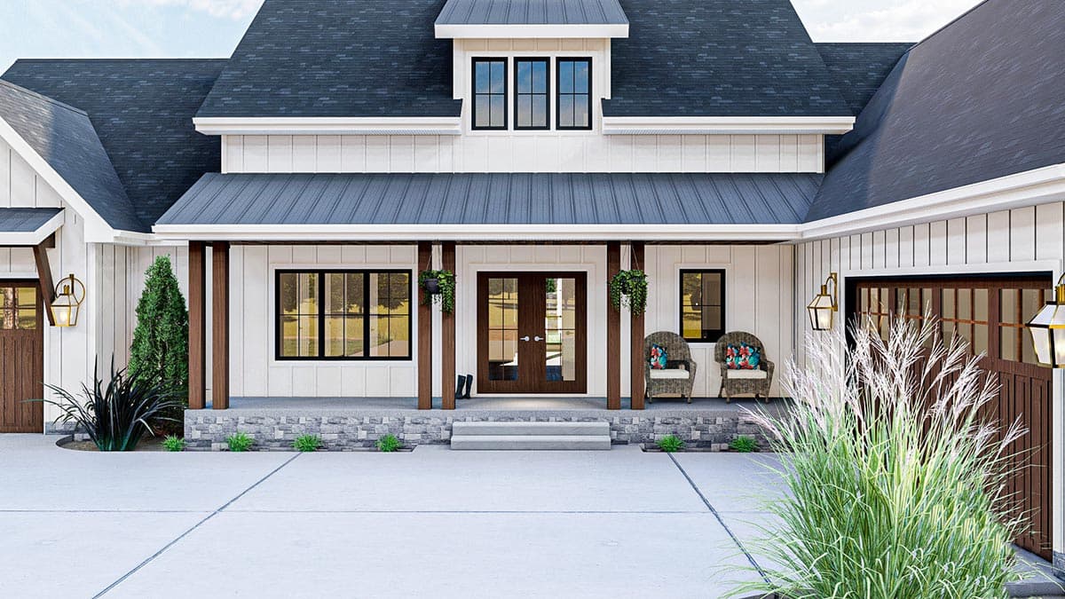 Modern Farmhouse house plan exterior with covered porch, dormer, board and batten siding, and metal roof.