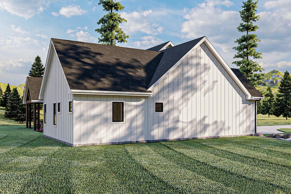 Modern Farmhouse house plan exterior with vertical siding, gabled roofs, and covered porch.