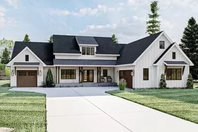 Flexible 3 Bed Modern Farmhouse Plan with Cathedral Ceiling Great Room - 2301 Sq Ft