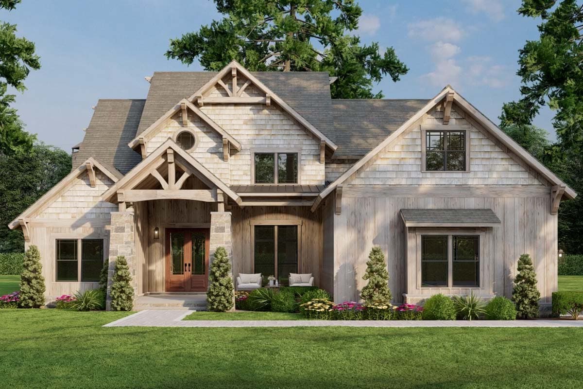 House plan exterior: Two-story modern farmhouse with wood siding, stone accents, prominent gables, and a covered porch with exposed beams.