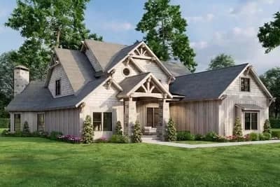 Rugged Craftsman Home Plan with 2-Story Great Room and Angled Hearth Room