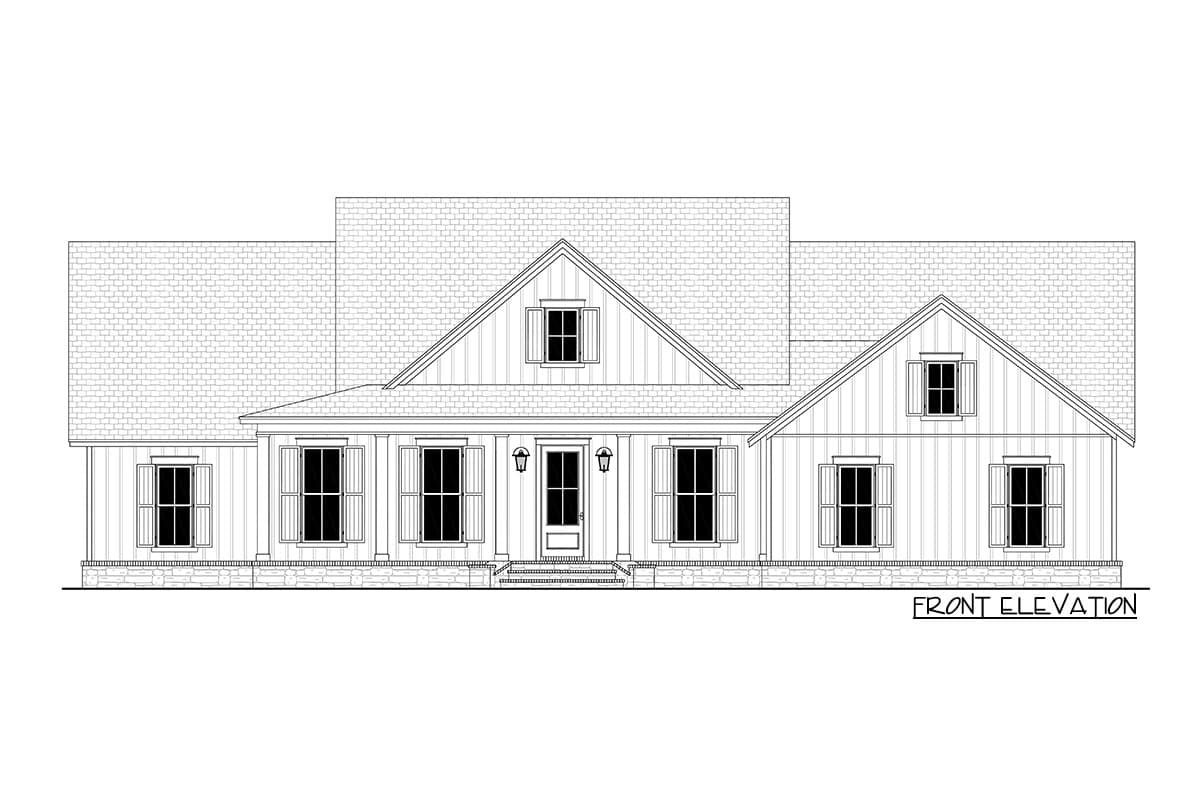 Front elevation house plan featuring a gabled dormer, centered entrance with covered porch, and multiple windows.