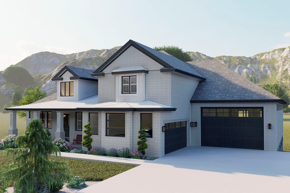 House plan exterior: two-story Modern Farmhouse with white brick, wraparound porch, gables, and a side-facing three-car garage.